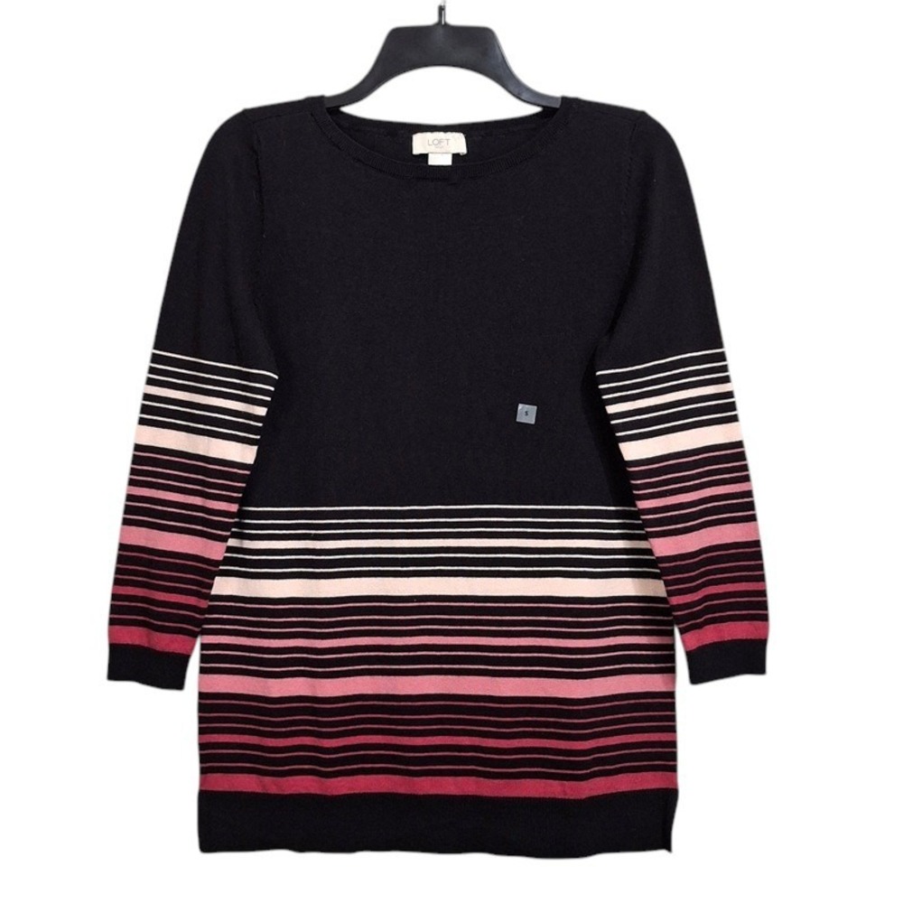 LOFT Sweater Small Black Pink Pullover Cotton Crew Neck Striped Knit Casual